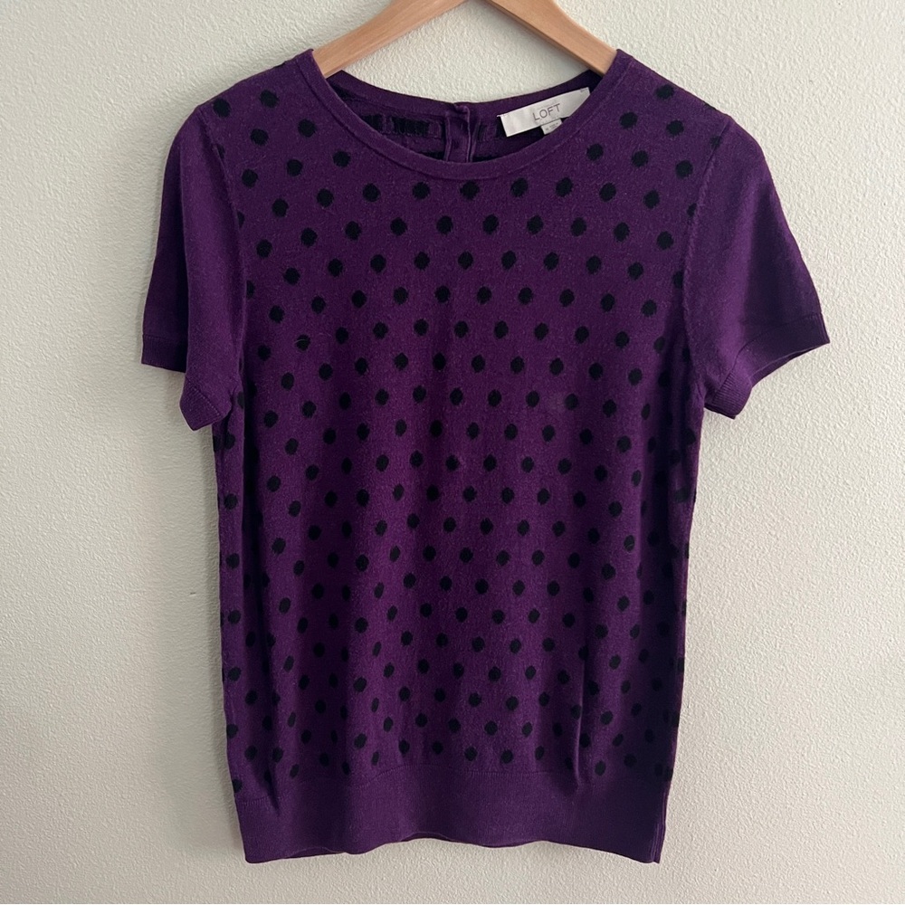 Loft Short Sleeve Sweater, Black/Purple Polka-Dot, Size M, EUC